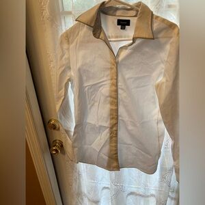 Faconnable White Button Down Shirt Tan Trim Contrast Collar Size 8